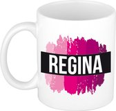 Regina  naam cadeau mok / beker met roze verfstrepen - Cadeau collega/ moederdag/ verjaardag of als persoonlijke mok werknemers