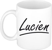Lucien naam cadeau mok / beker met sierlijke letters - Cadeau collega/ vaderdag/ verjaardag of persoonlijke voornaam mok werknemers