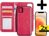Hoes voor iPhone 12 Pro Hoesje Case Uitneembaar Met 2x Screenprotector - Hoes voor iPhone 12 Pro Bookcase Hoes Wallet Case Met 2x Screenprotector - Donker Roze