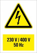 230 V / 400 V 50 Hz sticker met tekst 210 x 297 mm