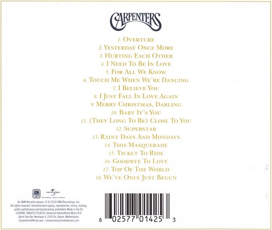Achterkant van de CD-hoes van Carpenters met The Royal Philharmonic Orchestra, met een tracklist van 18 nummers.