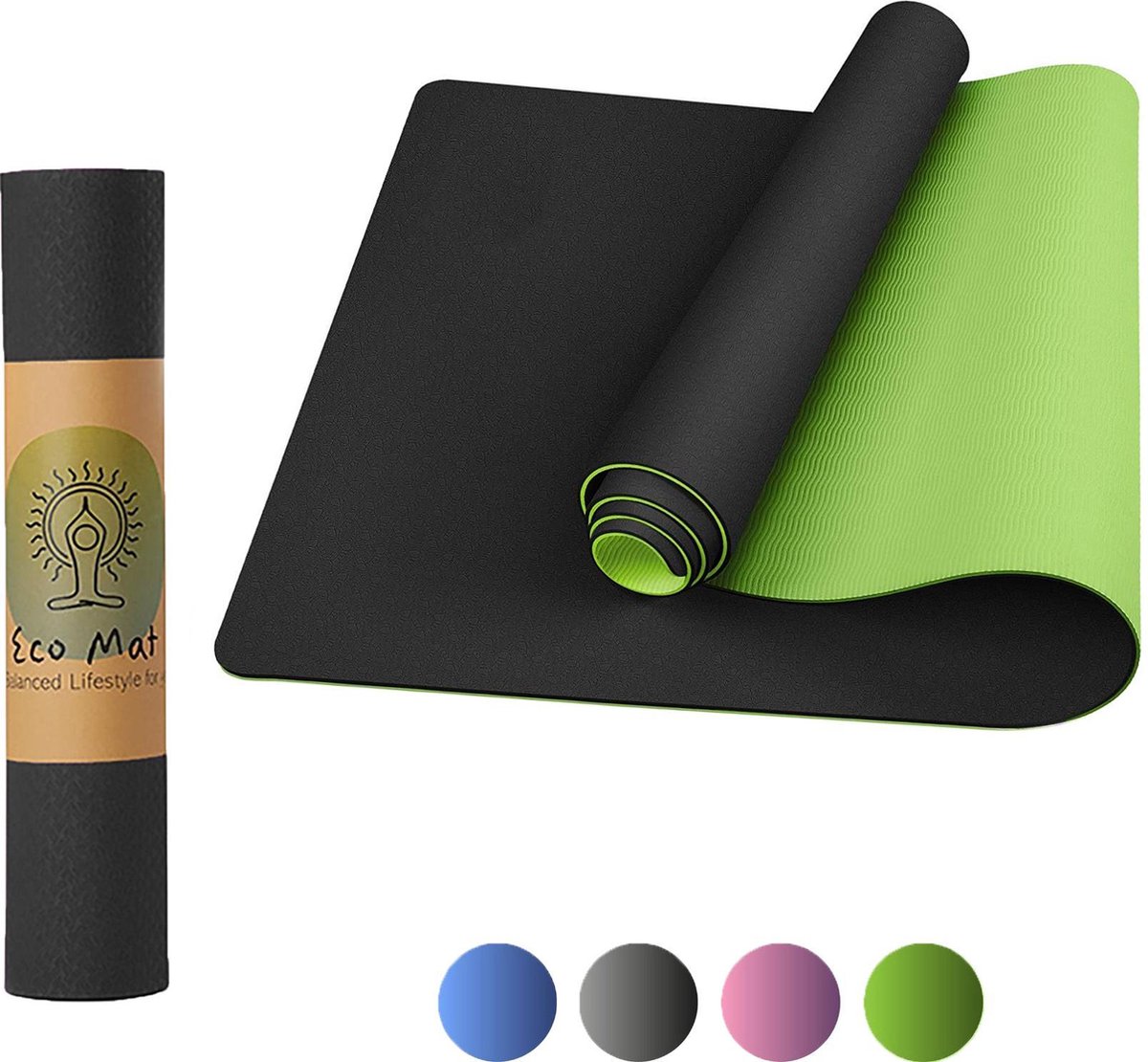 Eco Yoga Mat - Inclusief Draagriem - Anti Slip - Extra Dik (6 mm) - 183 x 61 x 0,6 cm - Zwart/Groen - Diverse kleuren