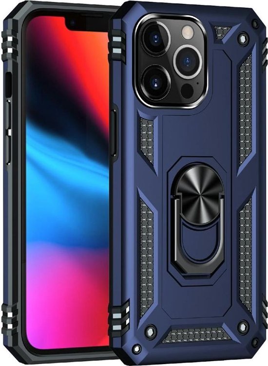 Magnetisch Armor Hoesje Geschikt voor Apple iPhone 13 Pro Max | Kickstand Back Cover met Standaard | Telefoonhoesje met Ring | Beschermhoes met Magneet voor Auto Houder Blauw