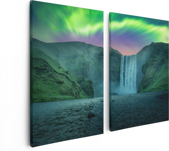 Artaza Canvas Schilderij Tweeluik Waterval Met Het Groene Noorderlicht - 80x60 - Foto Op Canvas - Canvas Print