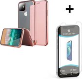 ShieldCase gegalvaniseerde flip case geschikt voor Apple iPhone 12 Pro Max 6.7 inch - roze + glazen Screen Protector - Bookcase met pasjeshouder - Pashouder hoesje siliconen / leer - Shockproof beschermhoesje - Shock proof case + glas