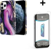 ShieldCase Galaxy Marmer geschikt voor Apple iPhone 12 / 12 Pro - 6.1 inch hoesje - paars + glazen Screen Protector