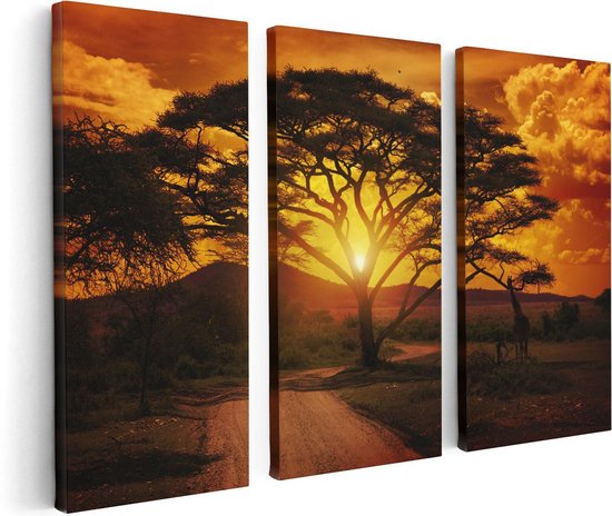 Artaza Canvas Schilderij Drieluik Zonsondergang Achter Een Savanne Boom - 120x80 - Foto Op Canvas - Canvas Print