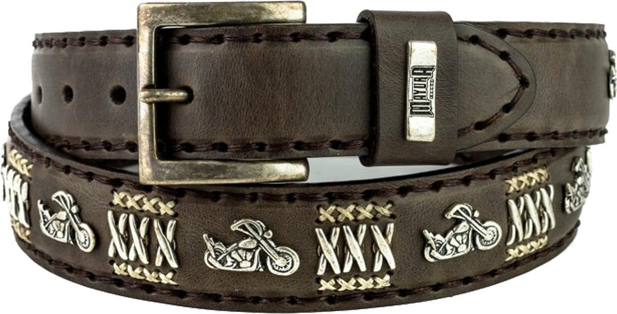 Mayura Riem 658 Kastanje Bruin Chopper Conchos Metaal Kruisen 4cm Breed Verwisselbare Gesp Maat 110 cm (bovenkant gesp tot middelste gaatje)