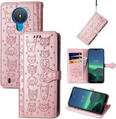 Voor Nokia 1.4 Leuke Kat en Hond Reliëf Horizontale Flip Lederen Case met Houder & Kaartsleuven & Portemonnee & Lanyard (Rose Goud)