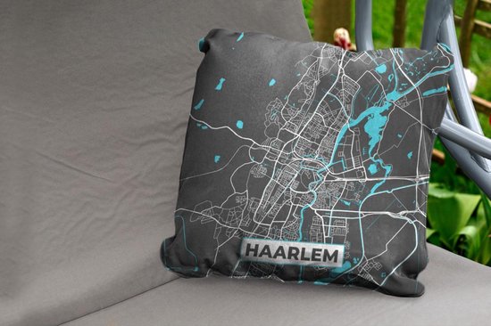Sierkussen d'extérieur - Carte - Haarlem - Grijs - Blauw - 60x60 cm - Résistant aux intempéries