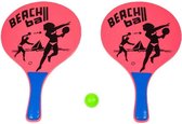 Houten beachball set roze met beachball print- Strand balletjes - Rackets/batjes en bal - Tennis ballenspel