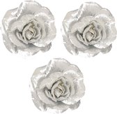 6x stuks zilveren rozen kerstversiering clip decoratie 12 cm