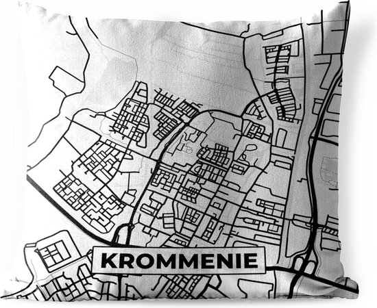 Sierkussen Buiten - Kaart - Krommenie - Zwart - Wit - 60x60 cm - Weerbestendig