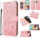 Voor Samsung Galaxy A71 Huid Voelen Reliëf Zonnebloem Horizontale Flip Lederen Case met Houder & Kaartsleuven & Portemonnee & Lanyard (Rose Goud)