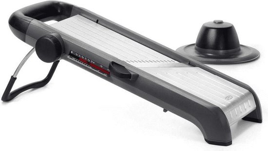 Een donkergrijze mandoline met een apart geplaatste restenhouder.