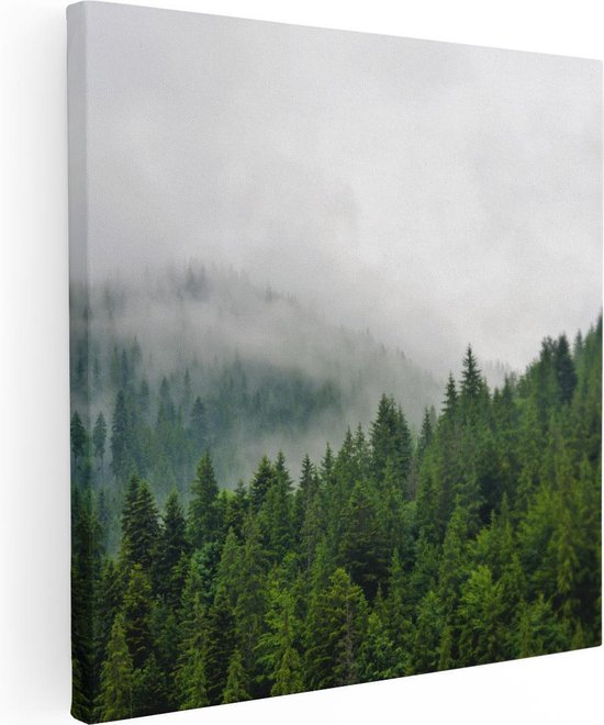 Artaza - Canvas Schilderij - Groen Bos Met Bomen Tijdens De Mist - Foto Op Canvas - Canvas Print