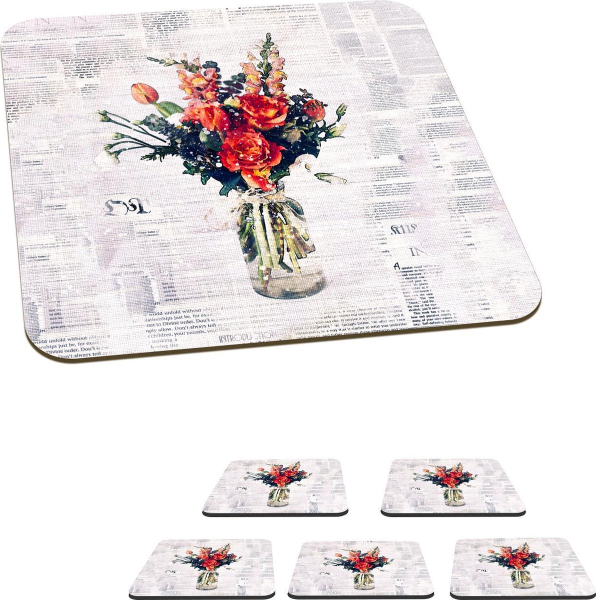 Onderzetters voor glazen - Vaas - Bloemen - Krant - 10x10 cm - Glasonderzetters - 6 stuks