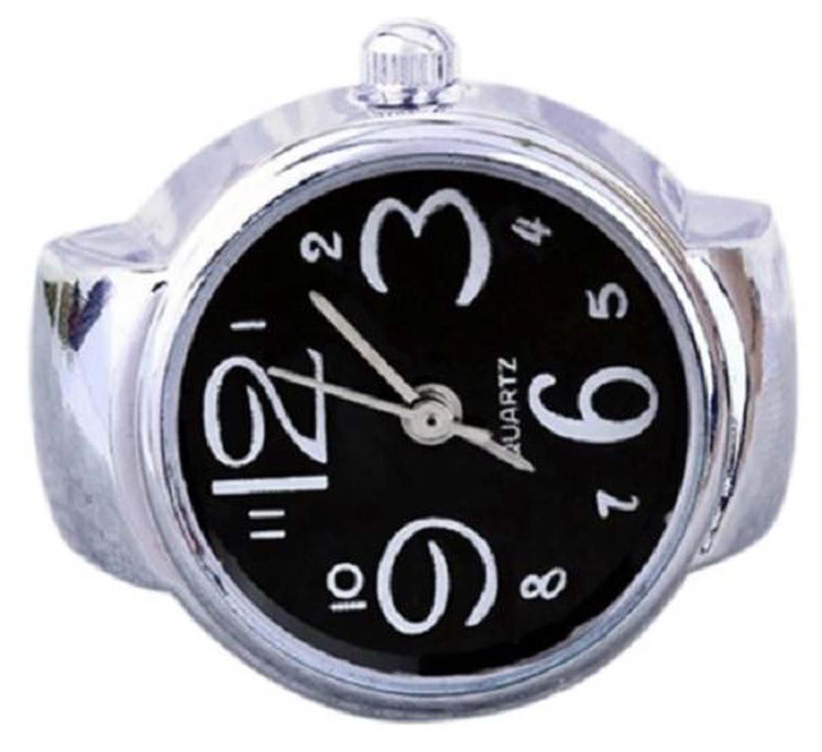 Ring horloge - rekbaar - zilverkleurig - zwart - 2 cm dial - one size
