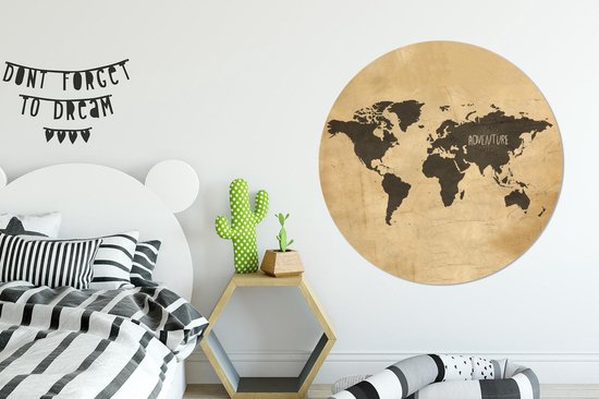 WallCircle - Stickers muraux - Cercle de papier peint - Wereldkaart - Marron - Vintage - ⌀ 120 cm - Cercle mural - Autocollant - Papier peint autocollant rond XXL
