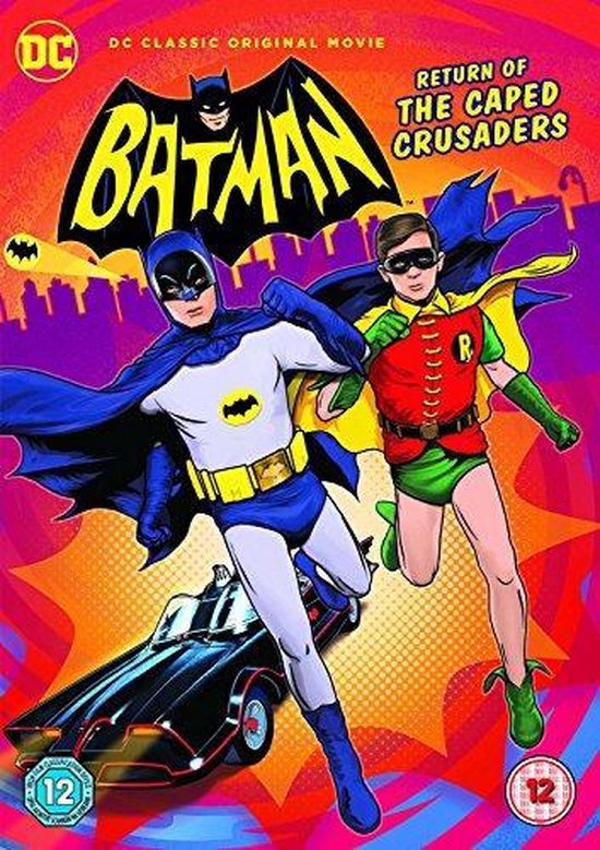Cover van de DVD 'Batman: Return of the Caped Crusaders'. Batman en Robin rennen met de Batmobile.
