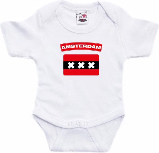 Baby rompertje - met vlag van Amsterdam - wit - kraamkadeau - jongen - meisje - babykleding 56