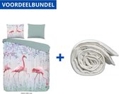 Luxe Zachte Dekbedovertrek Eenpersoons - 140x200/220cm - Inclusief 1 Kussensloop - 100% Versterkt Katoen - Pinky Roze Flamingo + Wasbaar Microfiber Dekbed - 140x220cm - Wit