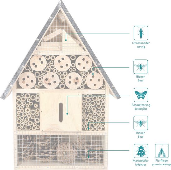 Navaris houten insectenhotel XL - Design insectenhotel met natuurlijke materialen - Voor bijen, lieveheersbeestjes en vlinders - Om op te hangen