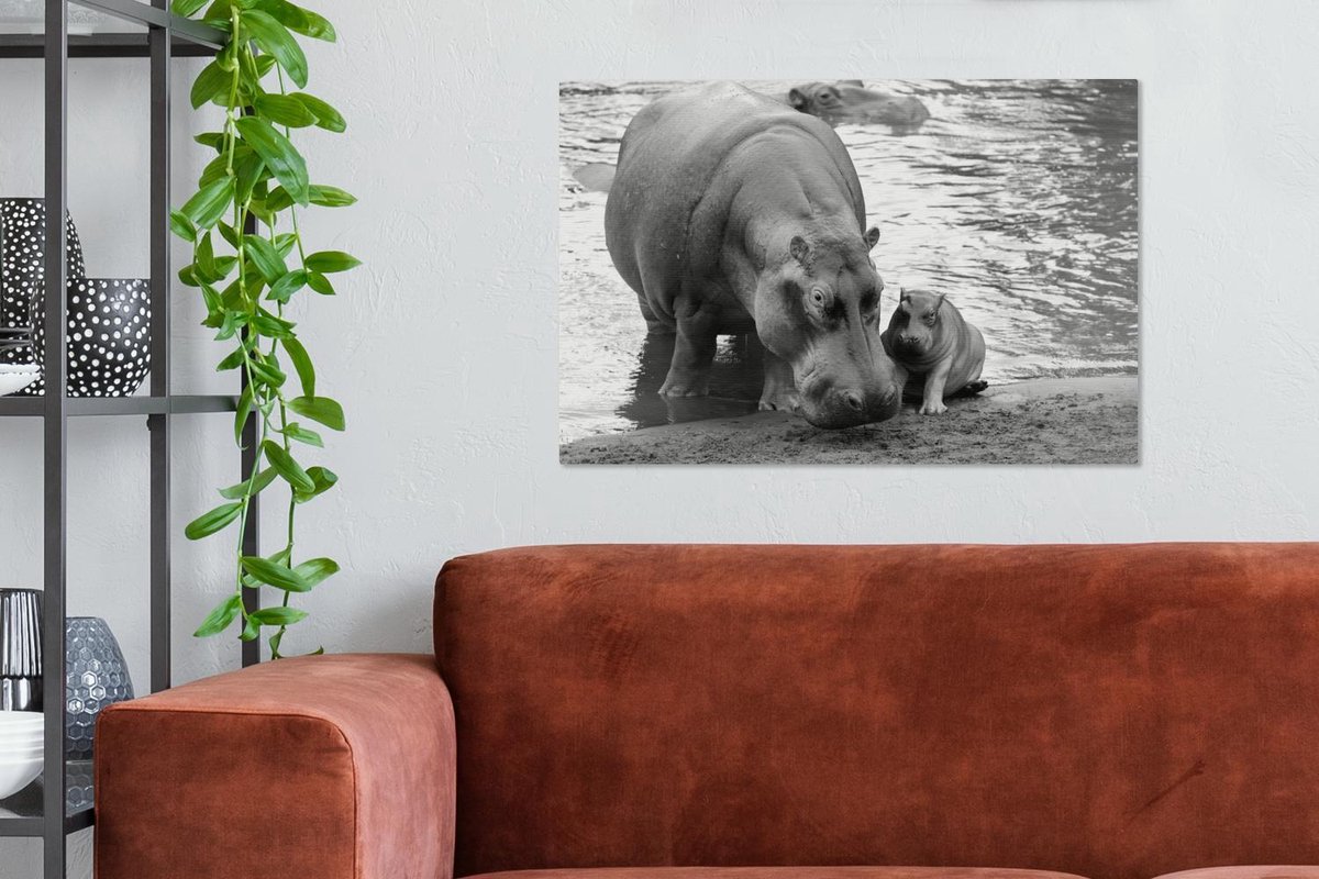Tableau Toile Hippopotame Noir & Blanc - Impression Moderne 40x60cm - Décoration Murale Chambre, Salon, Bureau