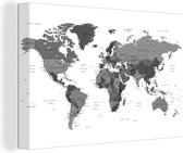 Canvas Wereldkaart - 90x60 - Wanddecoratie Mannelijke wereldkaart - zwart wit
