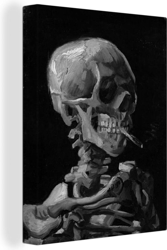 Canvas Schilderij Kop van een skelet met brandende sigaret - schilderij van Vincent van Gogh - zwart wit - 90x120 cm - Wanddecoratie