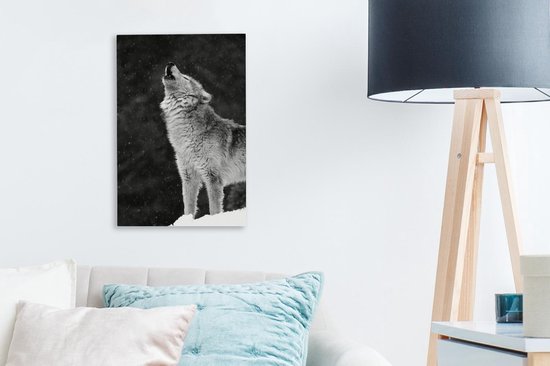 Tableau sur toile Loup hurlant gris - noir et blanc - 20x30 cm - Décoration murale