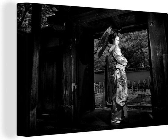 Canvas Schilderij Geisha bij Gion in Japan - zwart wit - 120x80 cm - Wanddecoratie