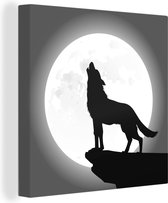 Canvas Schilderij Een illustratie van een huilende wolf bij volle maan - zwart wit - 50x50 cm - Wanddecoratie