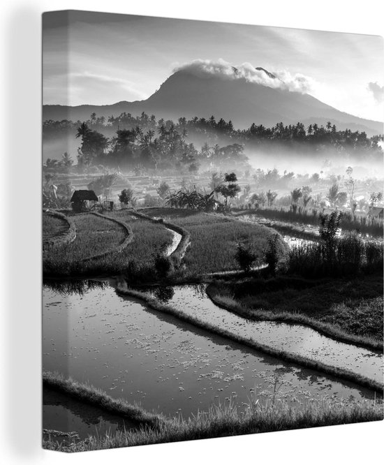 Canvas Schilderij Indonesië - Rijst - Mist - zwart wit - 90x90 cm - Wanddecoratie