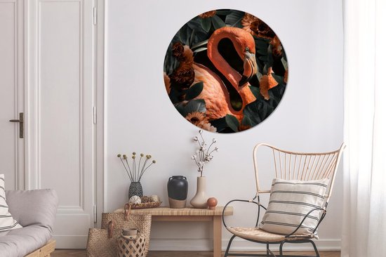 Cercle mural - Aluminium - Flamingo - Vogel - Fleurs - Feuilles - ⌀ 120 cm XXL