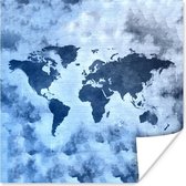 Poster Wereldkaart - Blauw - Verf - 30x30 cm