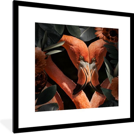 Fotolijst incl. Poster - Flamingo - Bladeren - Bloemen - 40x40 cm - Posterlijst