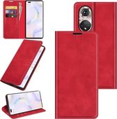 Voor Honor 50 Pro Retro-skin Business Magnetische Suction Leather Case met Houder & Kaartsleuven & Portemonnee (Rood)