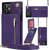 Cross-body Rits Vierkante TPU + PU Achterkant Case met houder & kaartsleuven & portemonnee & riem voor iPhone 12/12 Pro (paars)