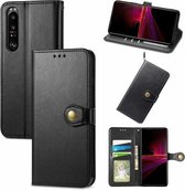 Voor Sony Xperia 1 III Effen Kleur Lederen Gesp Telefoon Case Met Lanyard & Fotolijst & Kaartsleuf & Portemonnee & Stand Functie (Zwart)