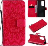 Voor OPPO Reno6 Pro + 5G Zon Embossing Patroon Horizontale Flip Lederen Case met Kaartsleuf & Houder & Portemonnee & Lanyard (Rood)