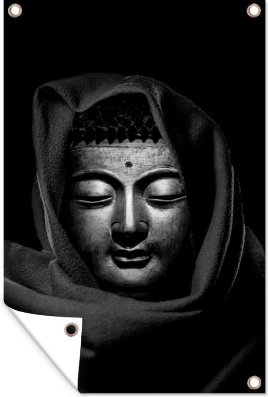 Tuinposters buiten Hoofd van een koperen Boeddha met hoofddoek voor een simpele achtergrond - zwart wit - 60x90 cm - Tuindoek - Buitenposter