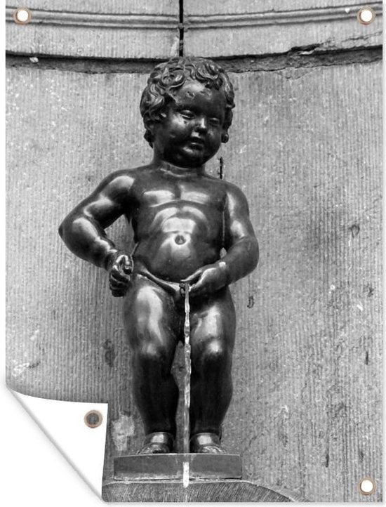 Tuin decoratie Manneken pis in Brussel - zwart wit - 30x40 cm - Tuindoek - Buitenposter