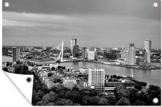 Tuindecoratie Rotterdam en de Erasmusbrug vanuit vogelvluchtperspectief - zwart wit - 60x40 cm - Tuinposter - Tuindoek - Buitenposter