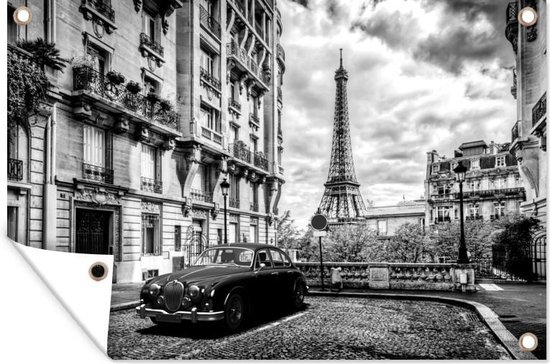 Tuindecoratie Liggende zwart wit foto van Parijs met een auto - zwart wit - 60x40 cm - Tuinposter - Tuindoek - Buitenposter
