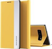Voor Samsung Galaxy S10 Plus Side gegalvaniseerde magnetische ultradunne horizontale flip lederen hoes met houder (geel)