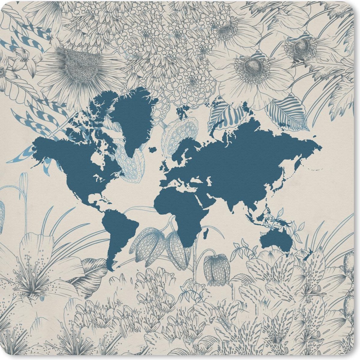 Muismat 20x20 cm - Mousepad Wereldkaart - Bloem - Blauw - Muismatten
