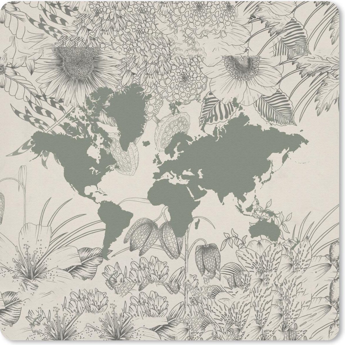 Muismat 20x20 cm - Mousepad Wereldkaart - Grijs - Planten - Muismatten