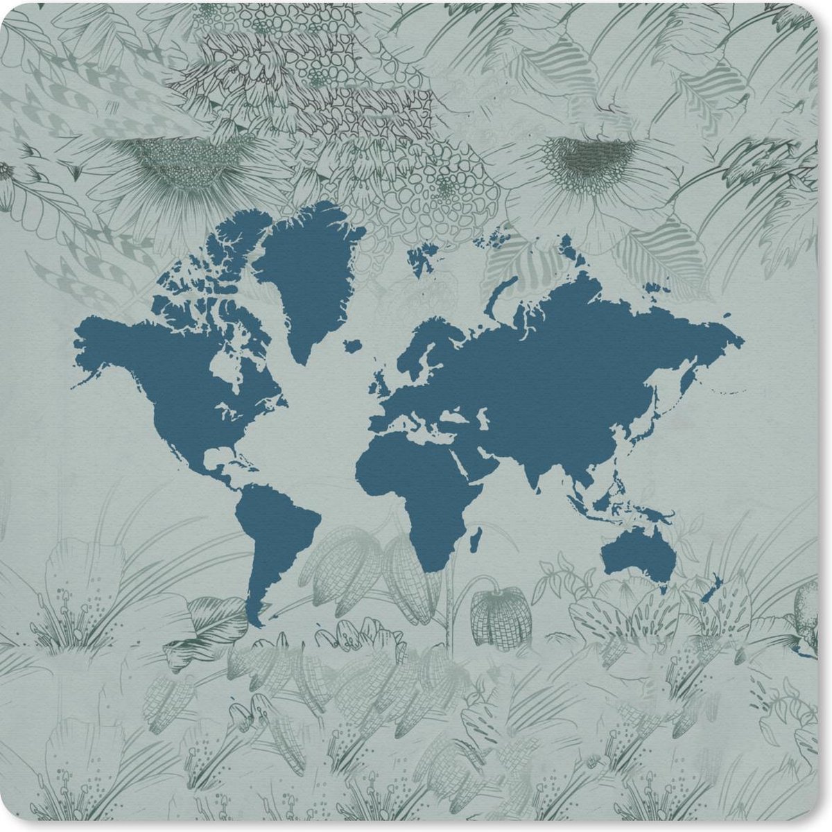 Muismat 30x30 cm - Mousepad Wereldkaart - Blauw - Bloem - Muismatten