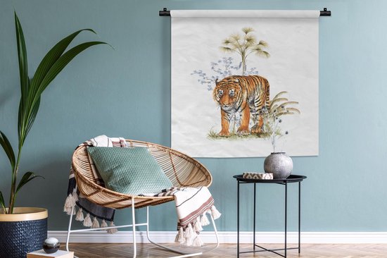 Wandkleed - Wanddoek - Tijger - Planten - Afbeelding - 90x90 cm - Wandtapijt